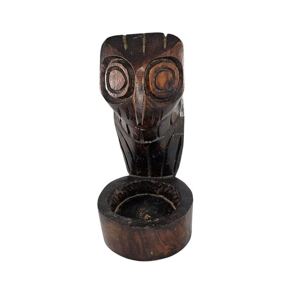 Hand-Carved Owl Figurine Wooden Ashtray Key Dish Catch All Bird Decor Folk Art - Picture 2 of 10
